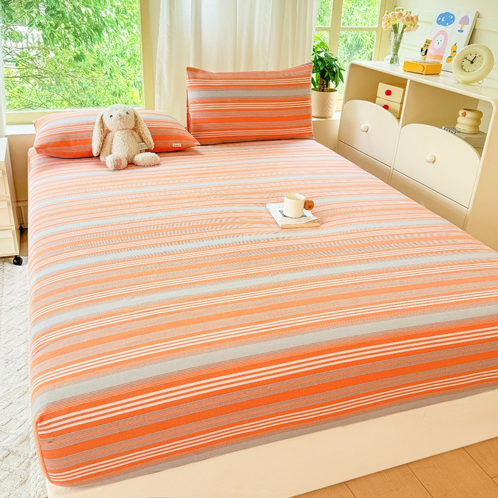 91家纺网 家纺一手货源 找家纺 爱彼家纺 2026原棉加厚老粗布床笠凉感床罩可当凉席床笠三件套 老粗布床笠 桔灰细条