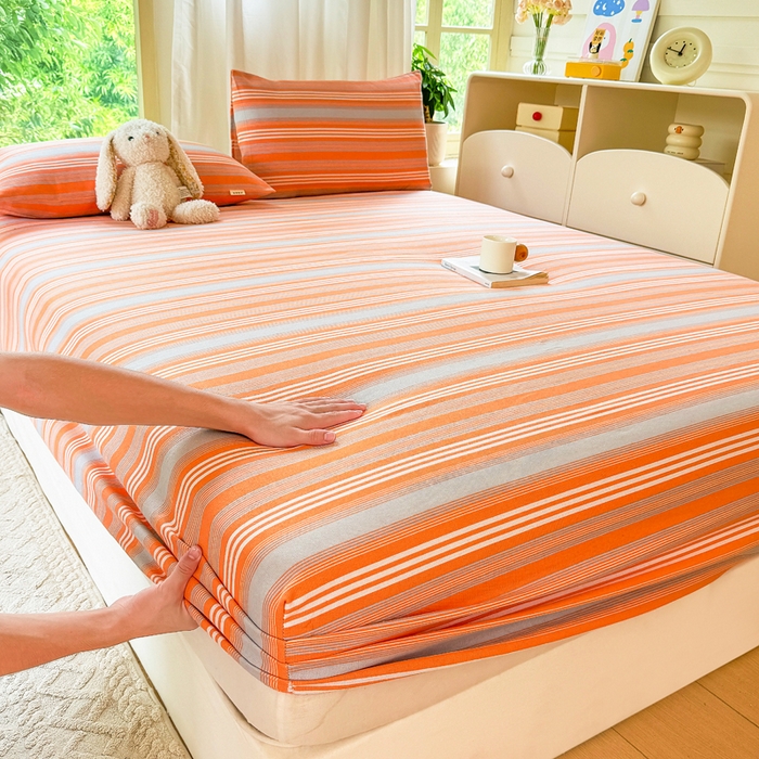 91家纺网 家纺一手货源 找家纺 爱彼家纺 2026原棉加厚老粗布床笠凉感床罩可当凉席床笠三件套 老粗布床笠 桔灰细条