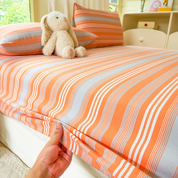 91家纺网 家纺一手货源 找家纺 爱彼家纺 2026原棉加厚老粗布床笠凉感床罩可当凉席床笠三件套 老粗布床笠 桔灰细条