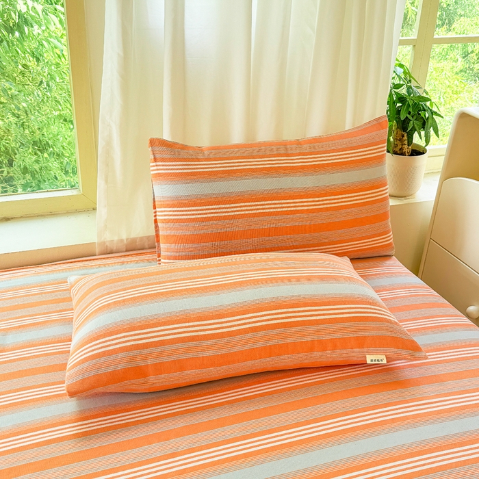 91家纺网 家纺一手货源 找家纺 爱彼家纺 2026原棉加厚老粗布床笠凉感床罩可当凉席床笠三件套 老粗布床笠 桔灰细条