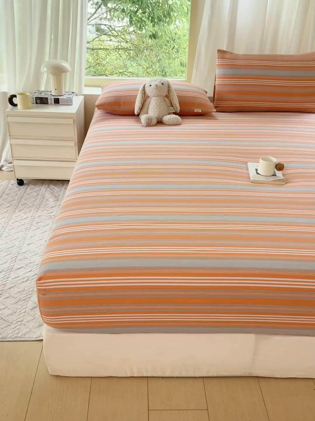 91家纺网 家纺一手货源 找家纺 爱彼家纺 2026原棉加厚老粗布床笠凉感床罩可当凉席床笠三件套 老粗布床笠 桔灰细条