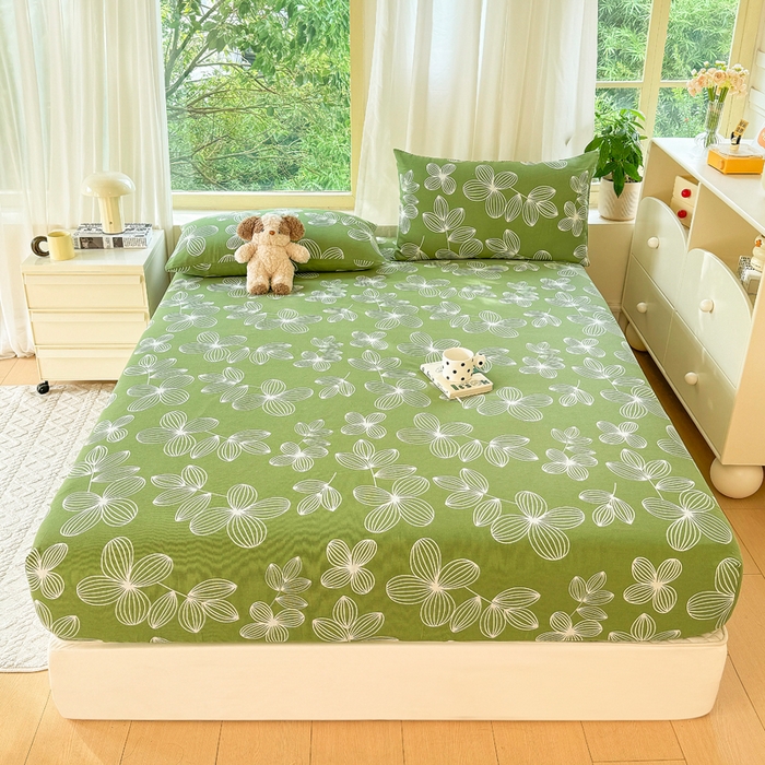 91家纺网 家纺一手货源 找家纺 爱彼家纺 2026原棉加厚老粗布床笠凉感床罩可当凉席床笠三件套 老粗布床笠 花清舞绿