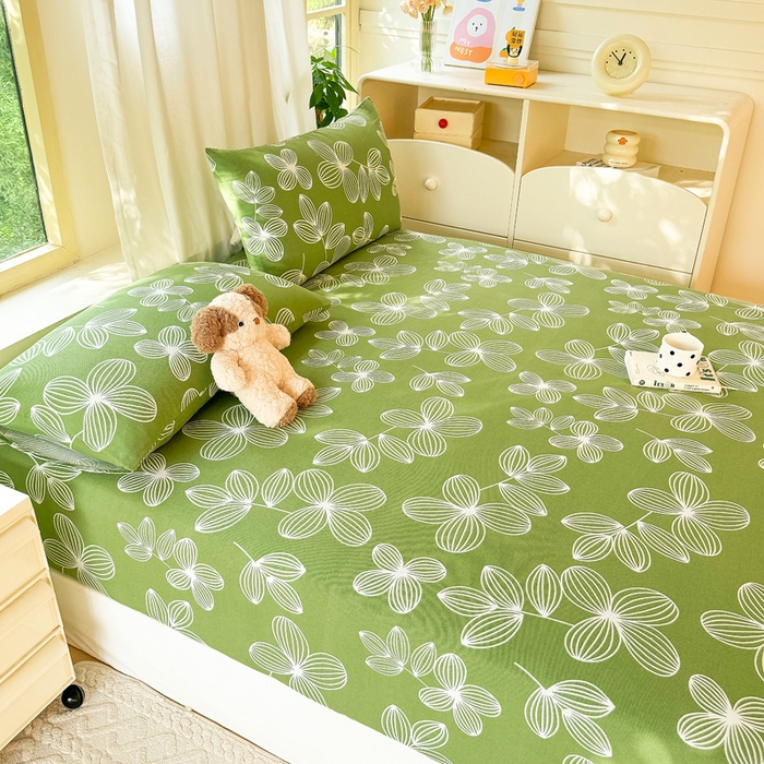 91家纺网 家纺一手货源 找家纺 爱彼家纺 2026原棉加厚老粗布床笠凉感床罩可当凉席床笠三件套 老粗布床笠 花清舞绿