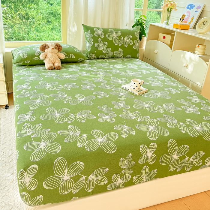 91家纺网 家纺一手货源 找家纺 爱彼家纺 2026原棉加厚老粗布床笠凉感床罩可当凉席床笠三件套 老粗布床笠 花清舞绿