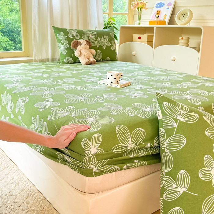 91家纺网 家纺一手货源 找家纺 爱彼家纺 2026原棉加厚老粗布床笠凉感床罩可当凉席床笠三件套 老粗布床笠 花清舞绿