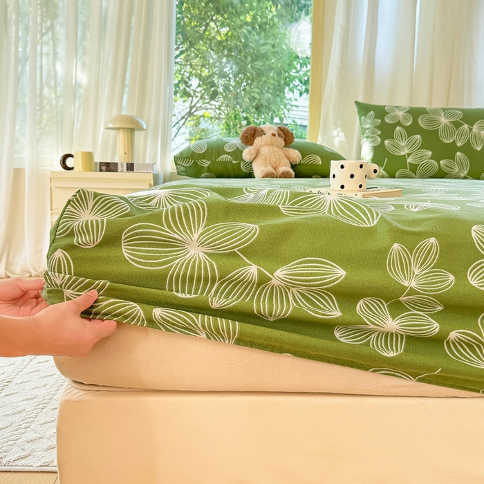 91家纺网 家纺一手货源 找家纺 爱彼家纺 2026原棉加厚老粗布床笠凉感床罩可当凉席床笠三件套 老粗布床笠 花清舞绿