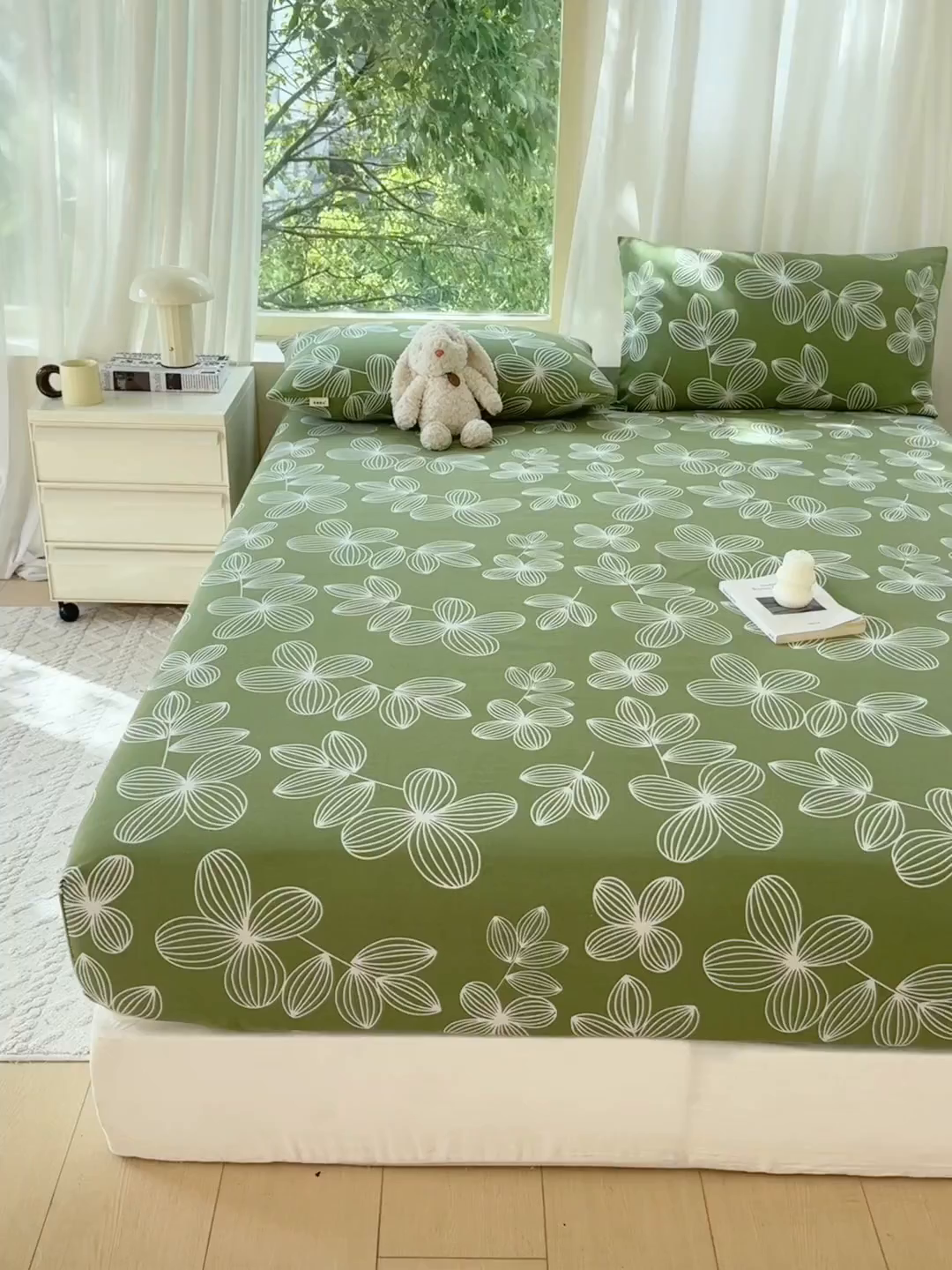 91家纺网 家纺一手货源 找家纺 爱彼家纺 2026原棉加厚老粗布床笠凉感床罩可当凉席床笠三件套 老粗布床笠 花清舞绿