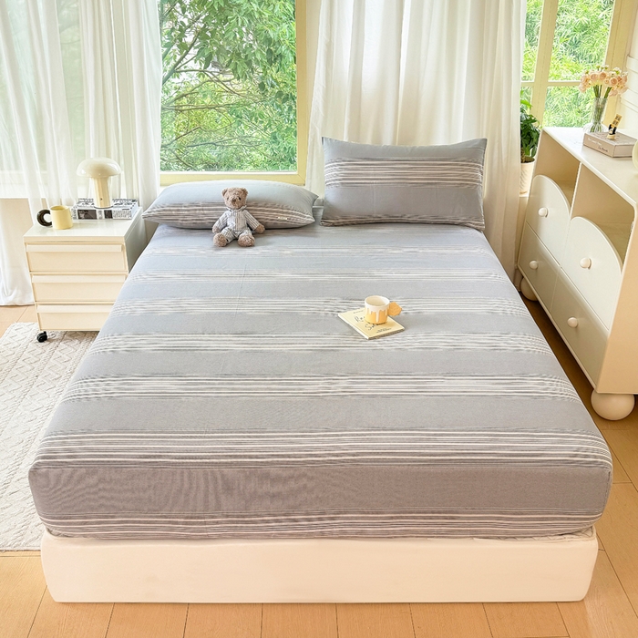 91家纺网 家纺一手货源 找家纺 爱彼家纺 2026原棉加厚老粗布床笠凉感床罩可当凉席床笠三件套 老粗布床笠-灰白细条