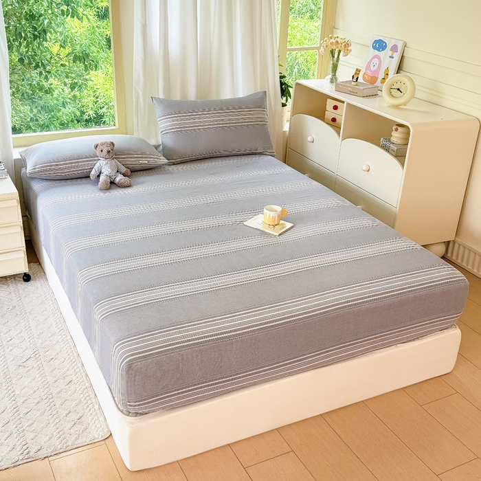 91家纺网 家纺一手货源 找家纺 爱彼家纺 2026原棉加厚老粗布床笠凉感床罩可当凉席床笠三件套 老粗布床笠-灰白细条