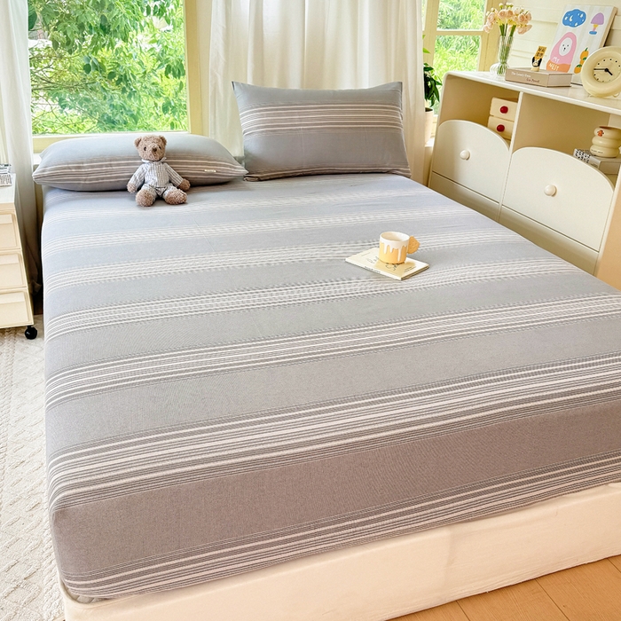 91家纺网 家纺一手货源 找家纺 爱彼家纺 2026原棉加厚老粗布床笠凉感床罩可当凉席床笠三件套 老粗布床笠-灰白细条