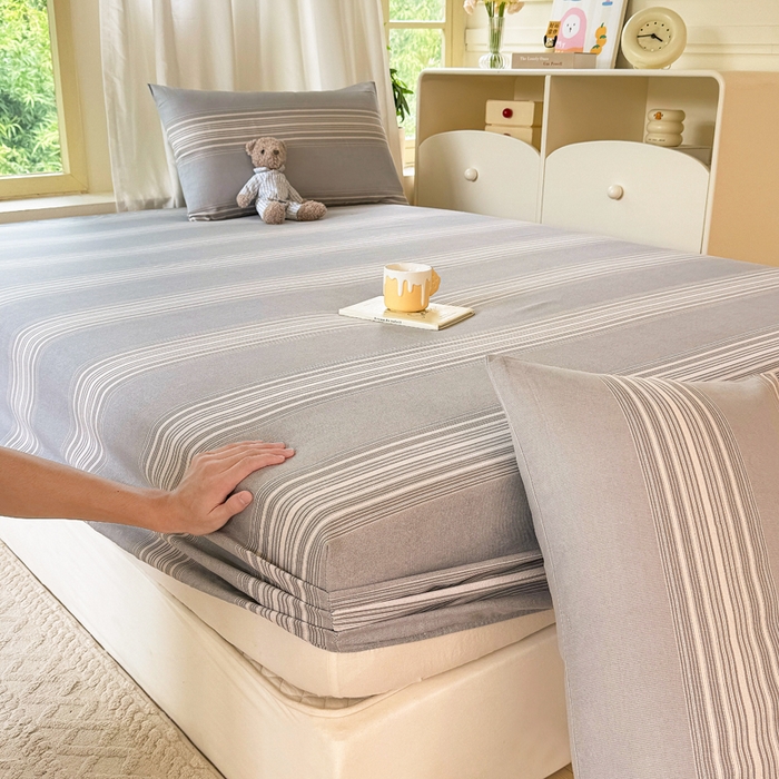 91家纺网 家纺一手货源 找家纺 爱彼家纺 2026原棉加厚老粗布床笠凉感床罩可当凉席床笠三件套 老粗布床笠-灰白细条