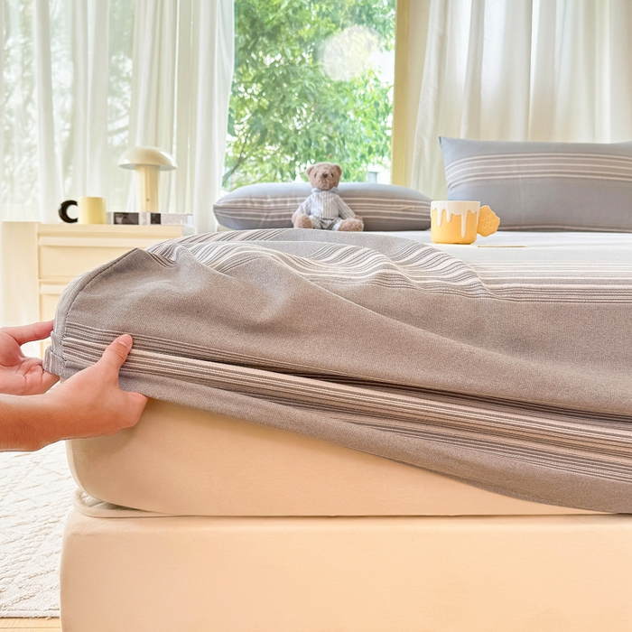 91家纺网 家纺一手货源 找家纺 爱彼家纺 2026原棉加厚老粗布床笠凉感床罩可当凉席床笠三件套 老粗布床笠-灰白细条