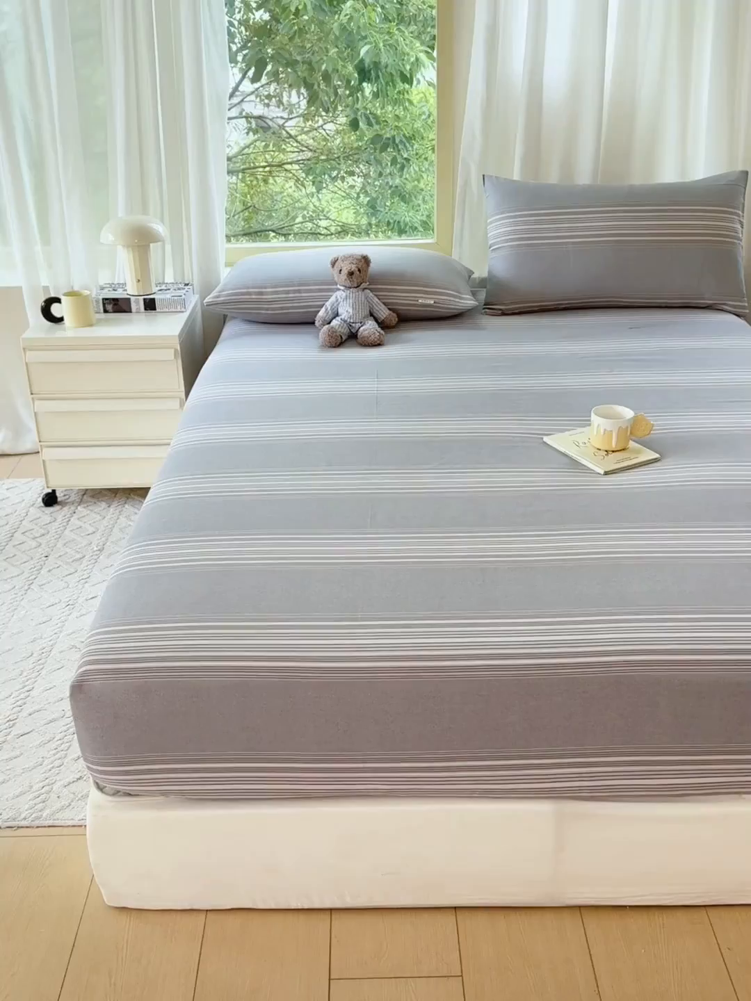 91家纺网 家纺一手货源 找家纺 爱彼家纺 2026原棉加厚老粗布床笠凉感床罩可当凉席床笠三件套 老粗布床笠-灰白细条