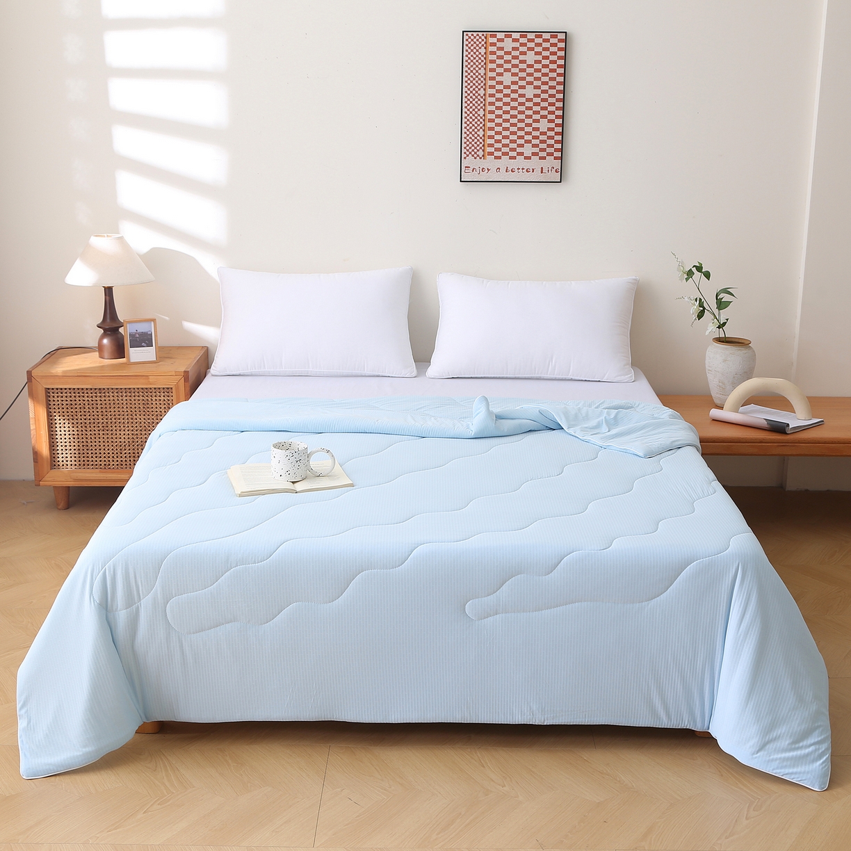 91家纺网 家纺一手货源 找家纺 亚龙工厂店 2026新款针织提花凉感被夏被夏凉被空调被 天蓝色