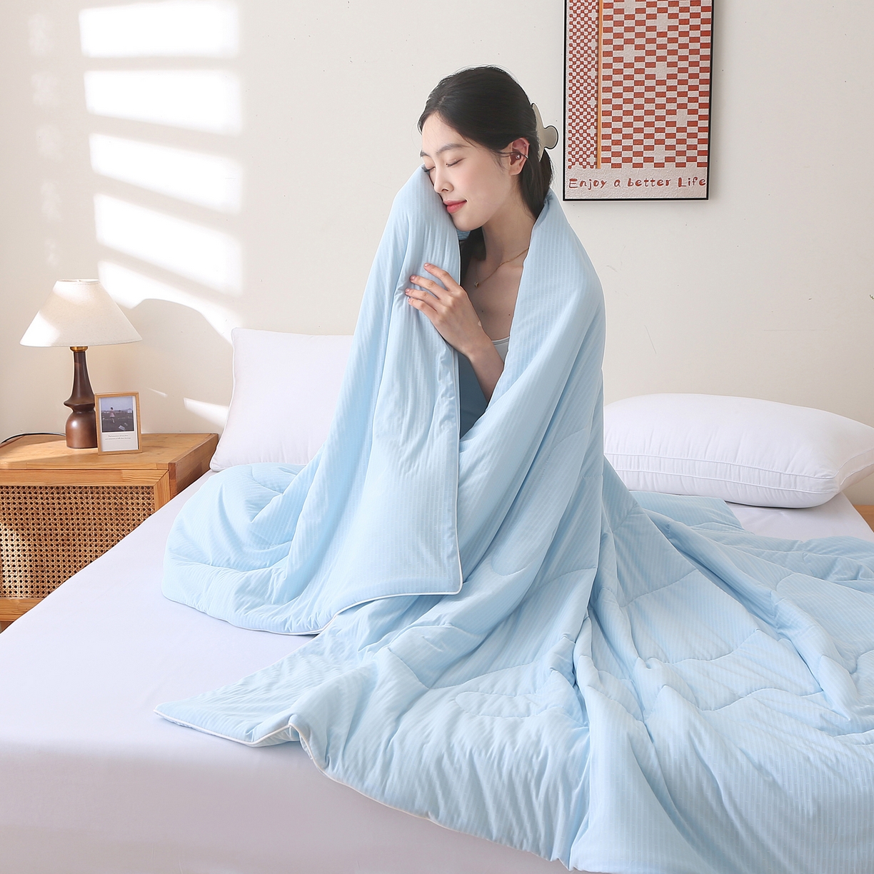 91家纺网 家纺一手货源 找家纺 亚龙工厂店 2026新款针织提花凉感被夏被夏凉被空调被 天蓝色