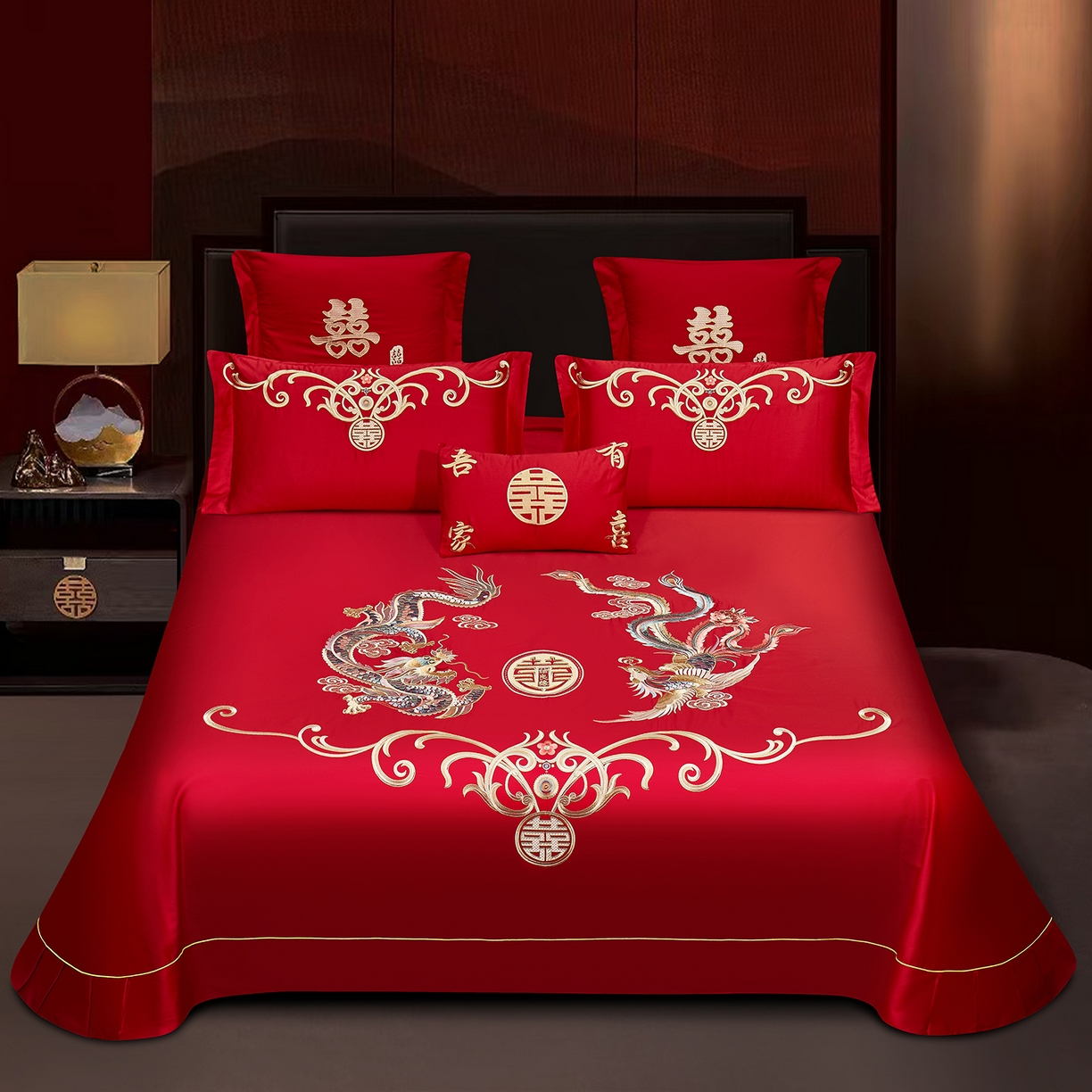 浩情国际婚庆供货中心 2026新款长绒棉100%纯棉全棉结婚刺绣婚庆床单单件绣花纯色三件套单品婚庆枕套长期供货 提供买家秀 龙姿凤彩-绣花款