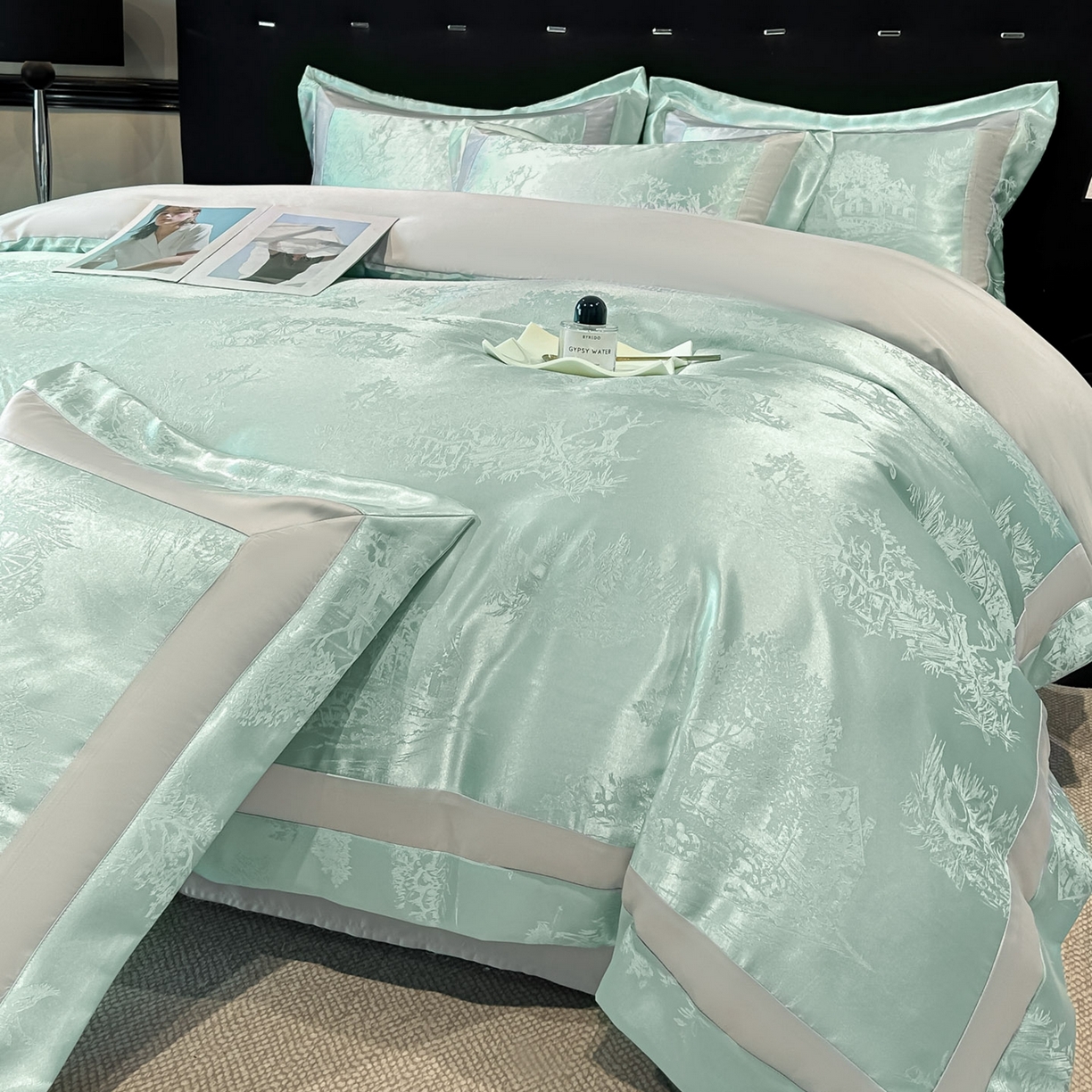 91家纺网 家纺一手货源 找家纺 （总）博纳家纺 2026新款亲肤棉色织提花宽边四件套-水墨江南