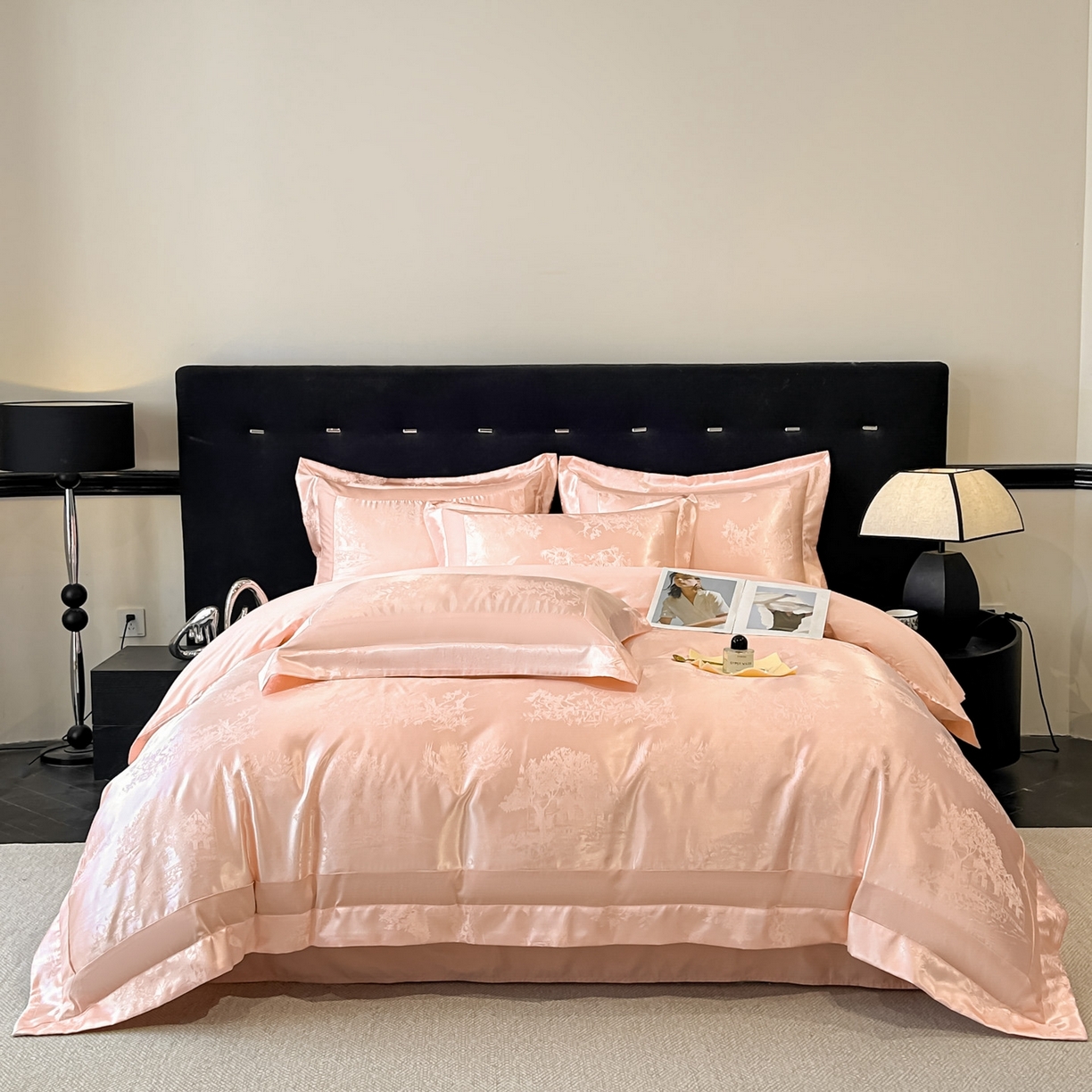 91家纺网 家纺一手货源 找家纺 博纳家纺 2026新款亲肤棉色织提花宽边四件套-水墨江南 水墨江南-粉玉