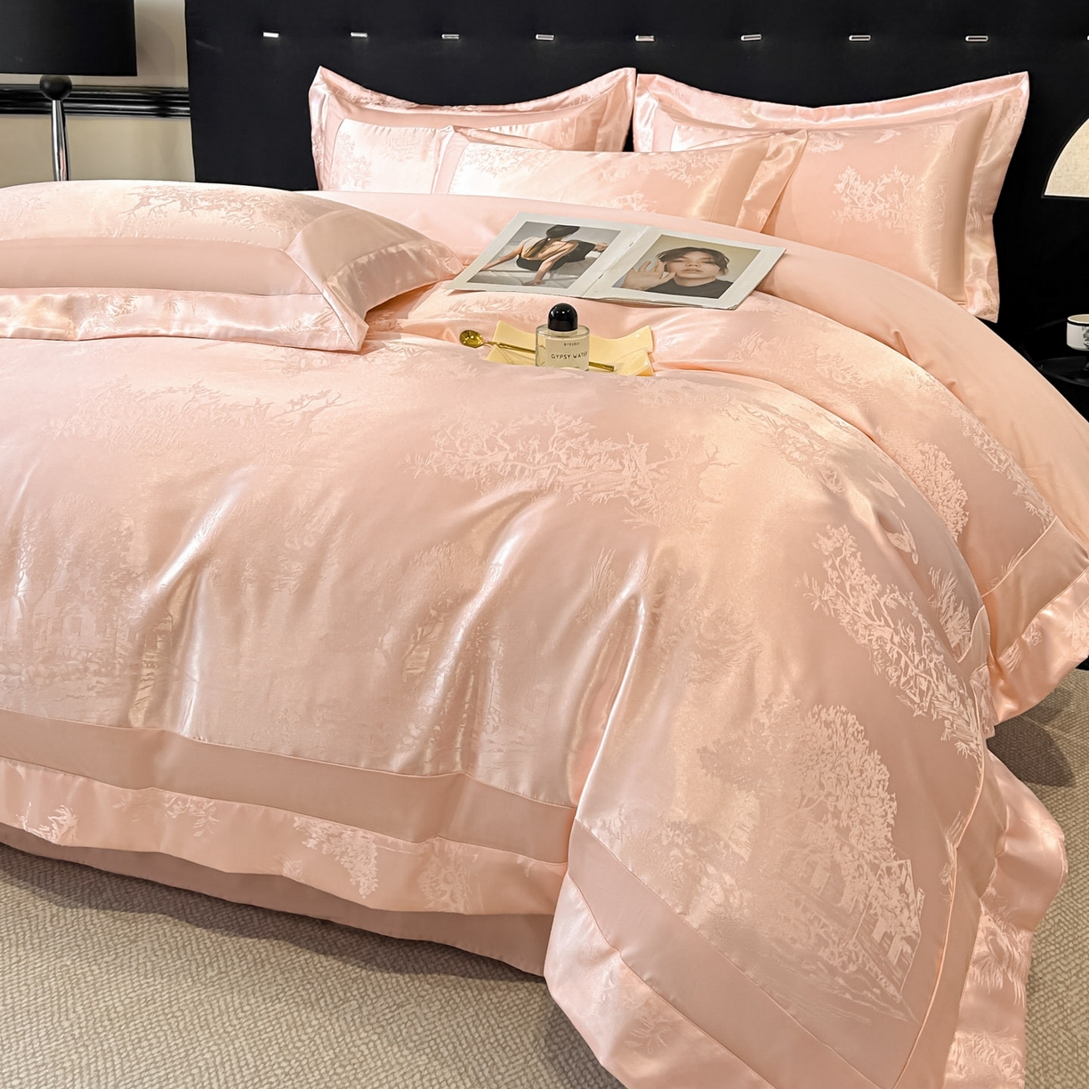 91家纺网 家纺一手货源 找家纺 博纳家纺 2026新款亲肤棉色织提花宽边四件套-水墨江南 水墨江南-粉玉