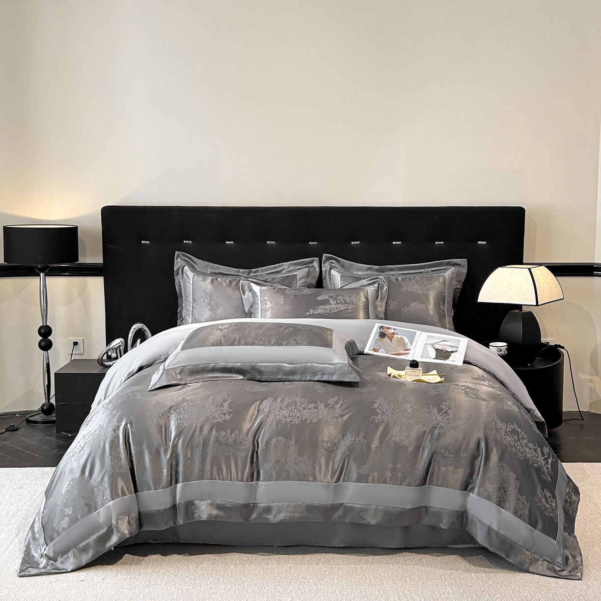 91家纺网 家纺一手货源 找家纺 博纳家纺 2026新款亲肤棉色织提花宽边四件套-水墨江南 水墨江南-高级灰