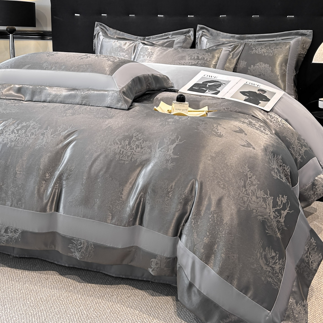 91家纺网 家纺一手货源 找家纺 博纳家纺 2026新款亲肤棉色织提花宽边四件套-水墨江南 水墨江南-高级灰