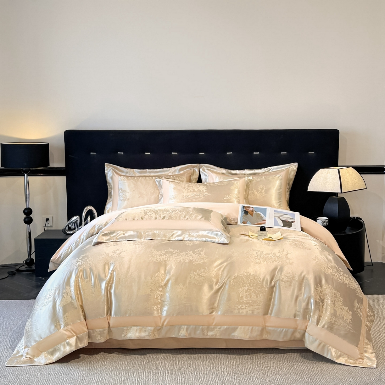 91家纺网 家纺一手货源 找家纺 博纳家纺 2026新款亲肤棉色织提花宽边四件套-水墨江南 水墨江南-香槟