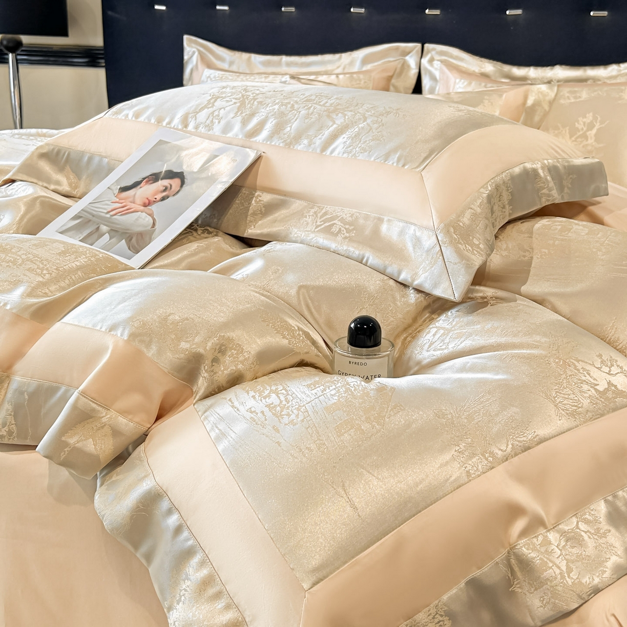 91家纺网 家纺一手货源 找家纺 博纳家纺 2026新款亲肤棉色织提花宽边四件套-水墨江南 水墨江南-香槟