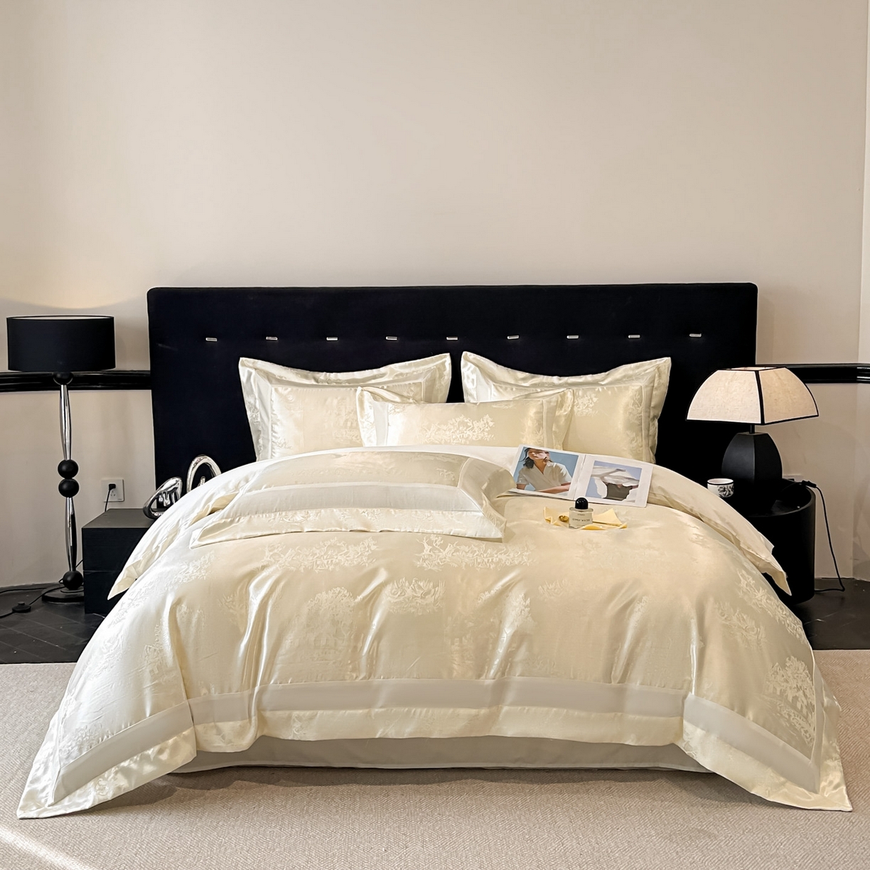 91家纺网 家纺一手货源 找家纺 博纳家纺 2026新款亲肤棉色织提花宽边四件套-水墨江南 水墨江南-象牙白