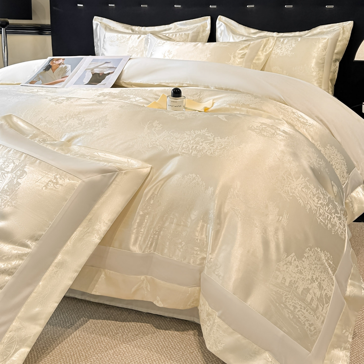 博纳家纺 2026新款亲肤棉色织提花宽边四件套-水墨江南 水墨江南-象牙白