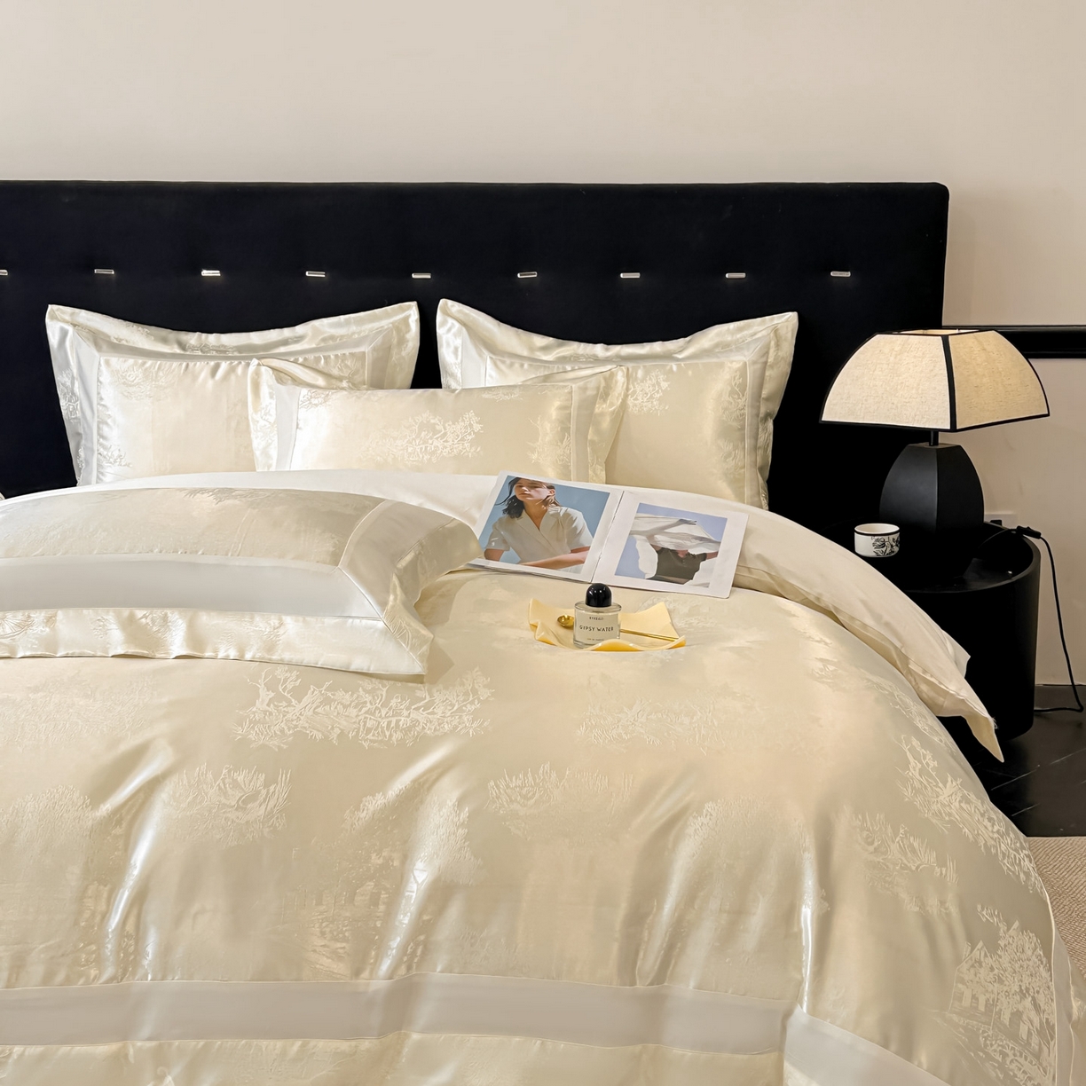 91家纺网 家纺一手货源 找家纺 博纳家纺 2026新款亲肤棉色织提花宽边四件套-水墨江南 水墨江南-象牙白