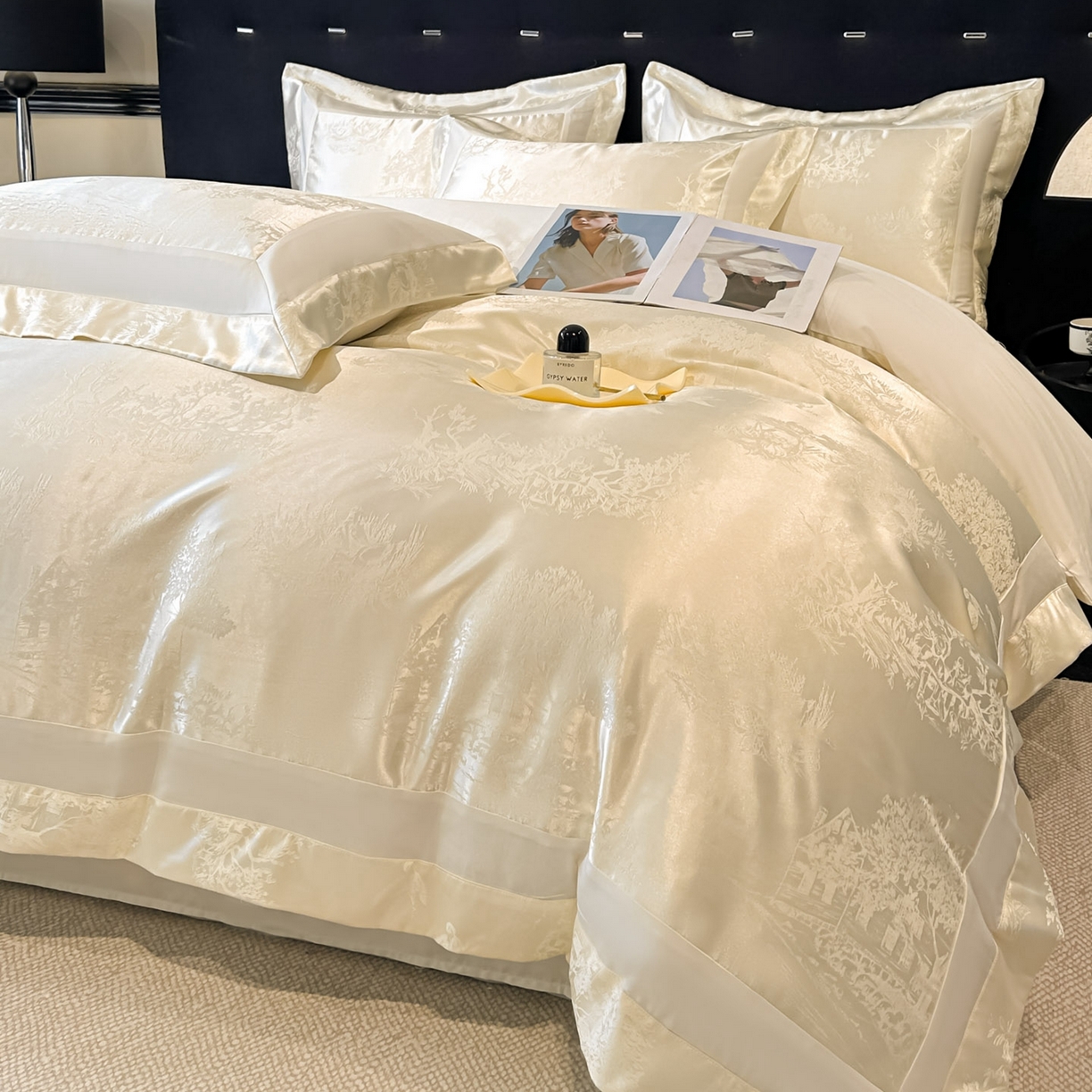 91家纺网 家纺一手货源 找家纺 博纳家纺 2026新款亲肤棉色织提花宽边四件套-水墨江南 水墨江南-象牙白