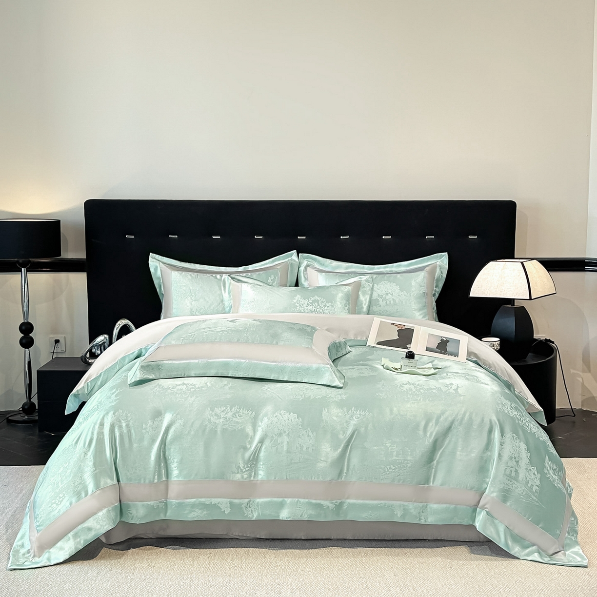 91家纺网 家纺一手货源 找家纺 博纳家纺 2026新款亲肤棉色织提花宽边四件套-水墨江南 水墨江南-优雅绿