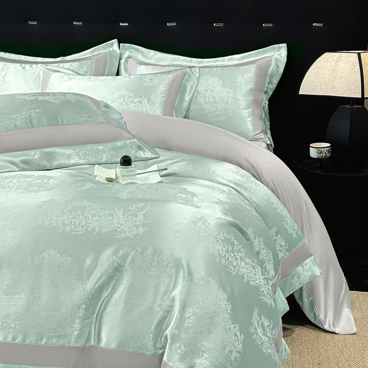 91家纺网 家纺一手货源 找家纺 博纳家纺 2026新款亲肤棉色织提花宽边四件套-水墨江南 水墨江南-优雅绿