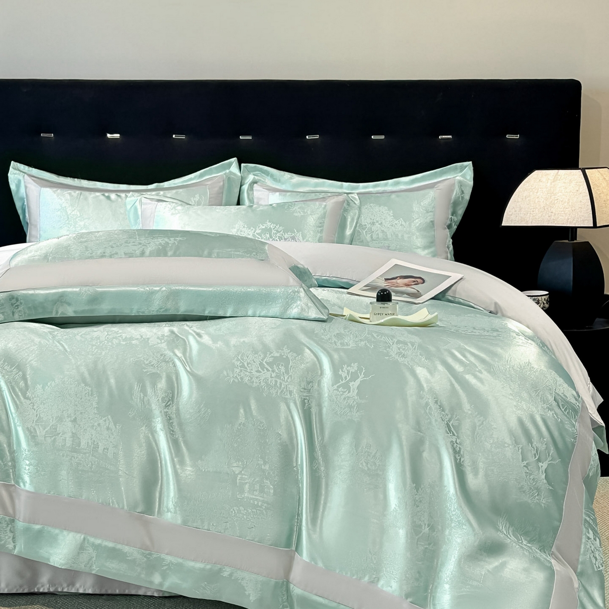 91家纺网 家纺一手货源 找家纺 博纳家纺 2026新款亲肤棉色织提花宽边四件套-水墨江南 水墨江南-优雅绿