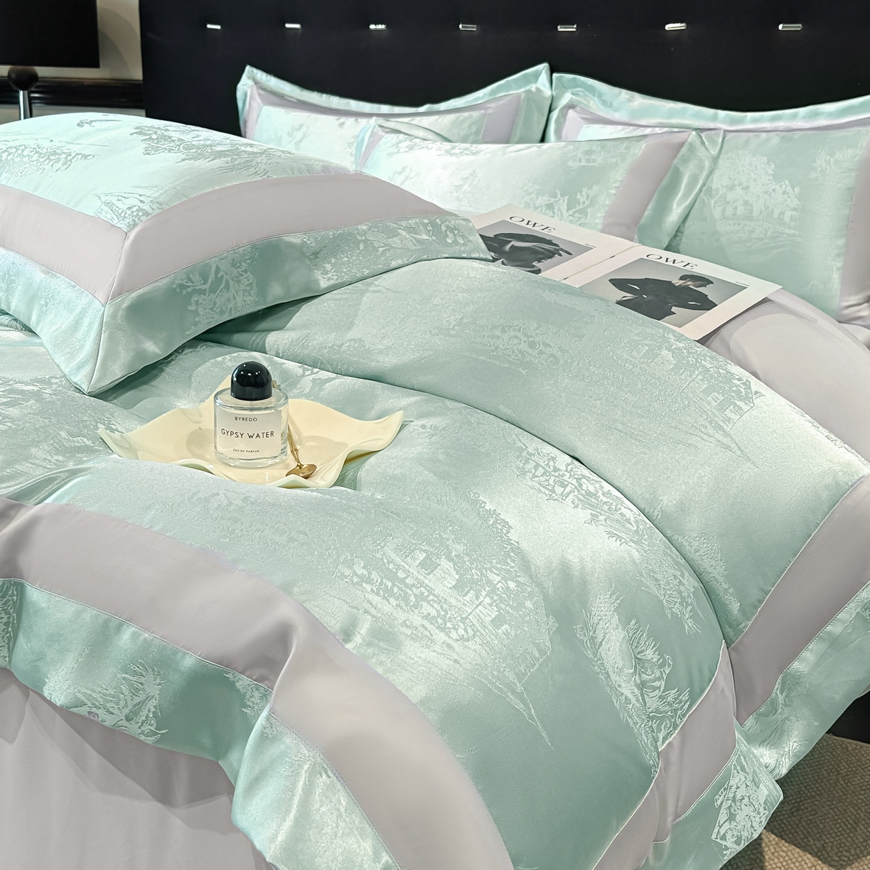 91家纺网 家纺一手货源 找家纺 博纳家纺 2026新款亲肤棉色织提花宽边四件套-水墨江南 水墨江南-优雅绿