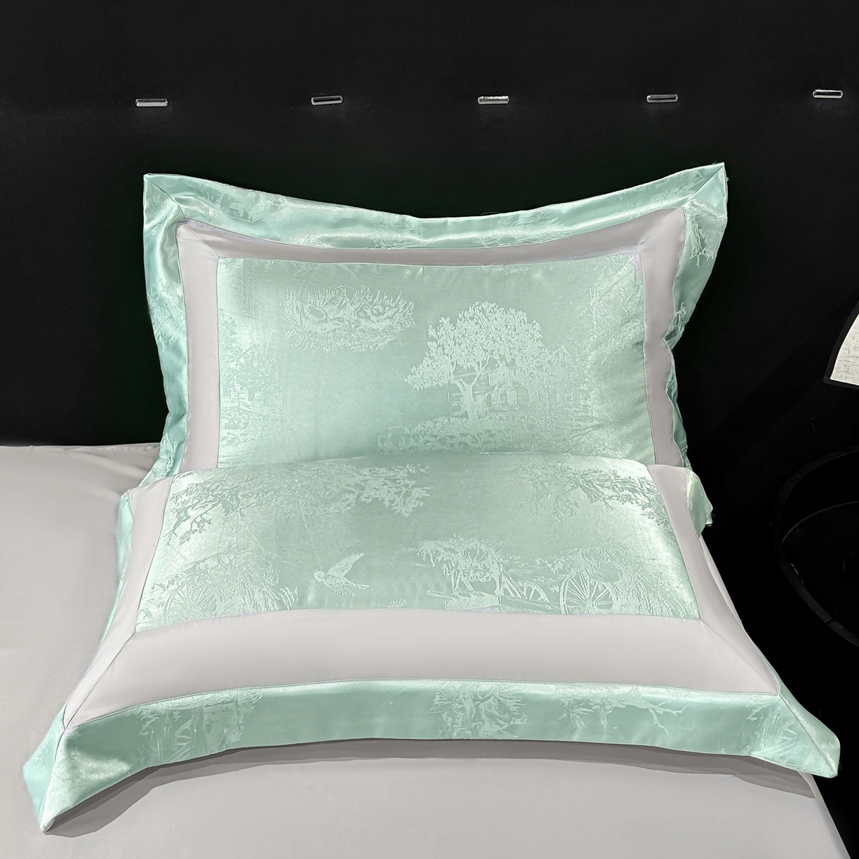 91家纺网 家纺一手货源 找家纺 博纳家纺 2026新款亲肤棉色织提花宽边四件套-水墨江南 水墨江南-优雅绿