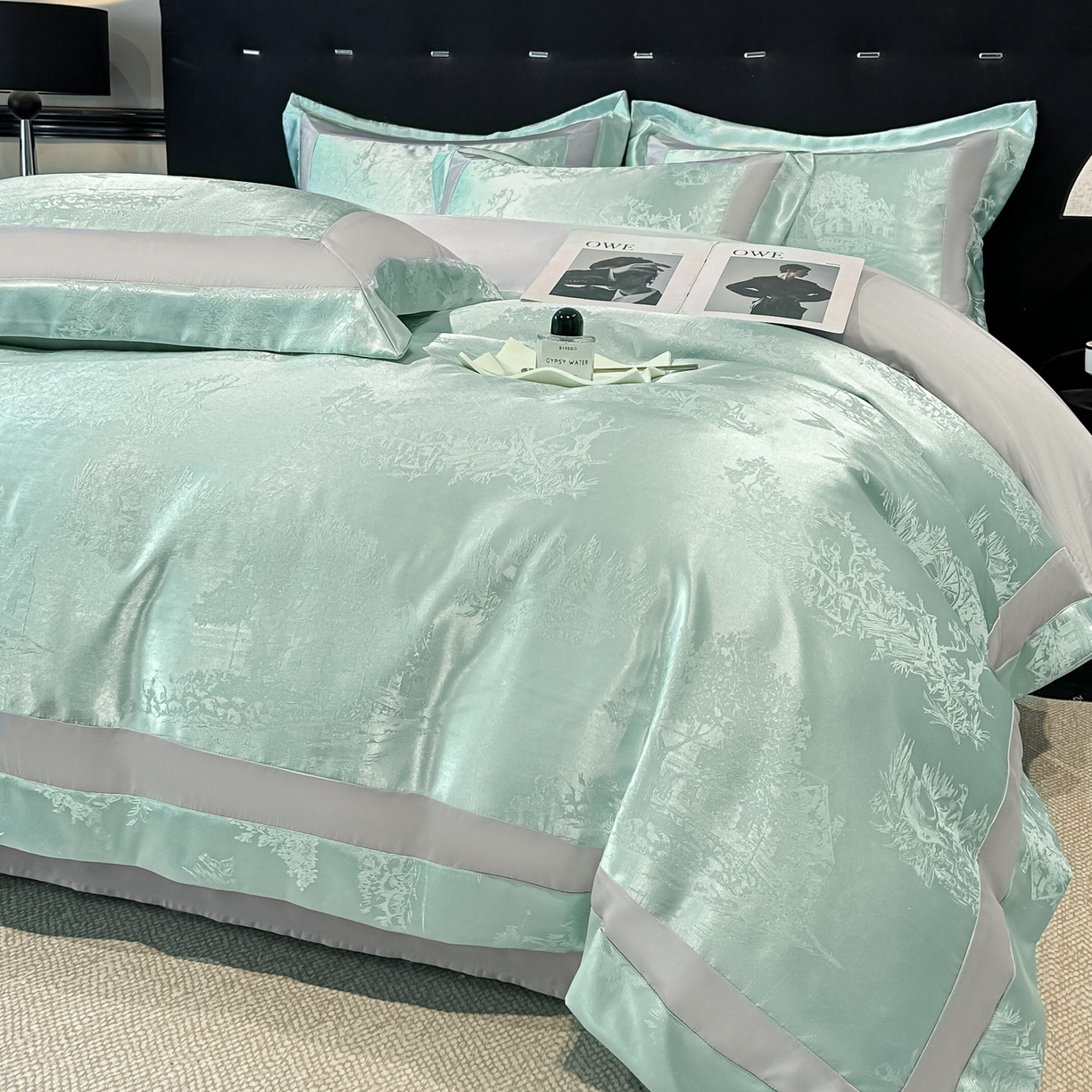 91家纺网 家纺一手货源 找家纺 博纳家纺 2026新款亲肤棉色织提花宽边四件套-水墨江南 水墨江南-优雅绿