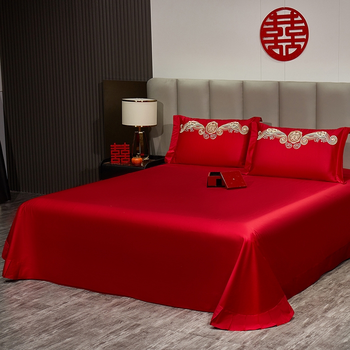 浩情国际婚庆供货中心 2026新款长绒棉100%纯棉全棉结婚刺绣婚庆床单单件绣花纯色三件套单品婚庆枕套长期供货 提供买家秀 龙凤祥和-纯色款