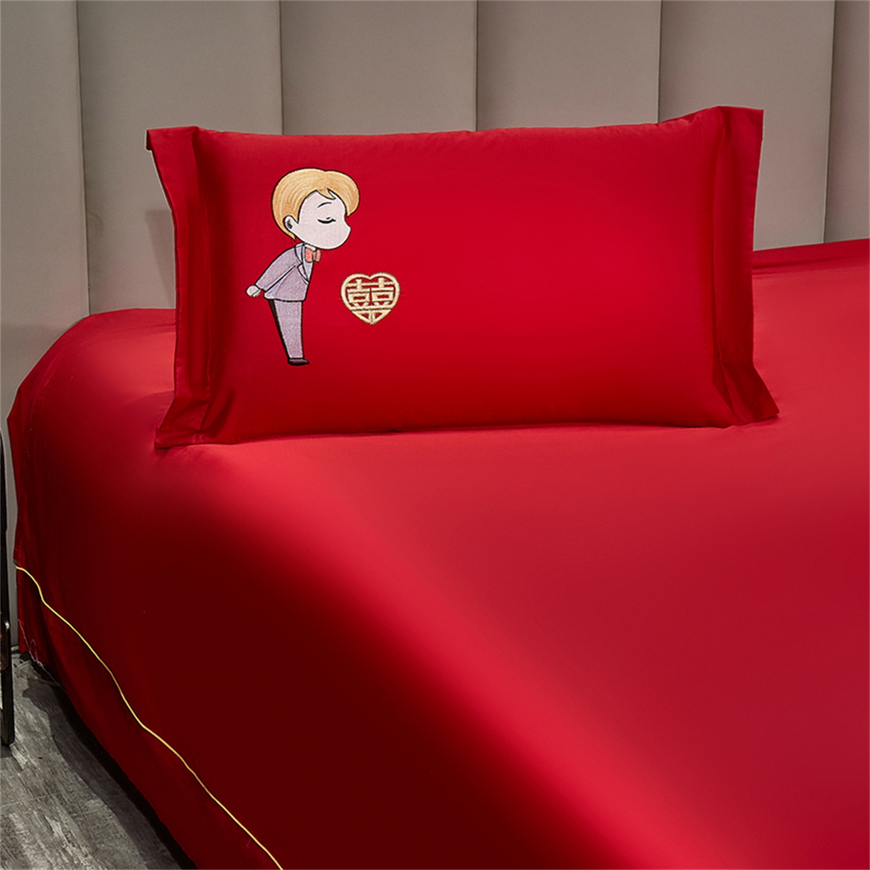 91家纺网 家纺一手货源 找家纺 浩情国际婚庆供货中心 2026新款长绒棉100%纯棉全棉结婚刺绣婚庆床单单件绣花纯色三件套单品婚庆枕套长期供货 提供买家秀 喜结连理-纯色款