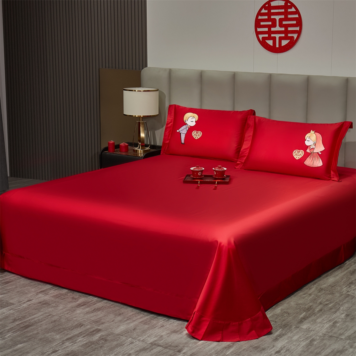 浩情国际婚庆供货中心 2026新款长绒棉100%纯棉全棉结婚刺绣婚庆床单单件绣花纯色三件套单品婚庆枕套长期供货 提供买家秀 喜结连理-纯色款