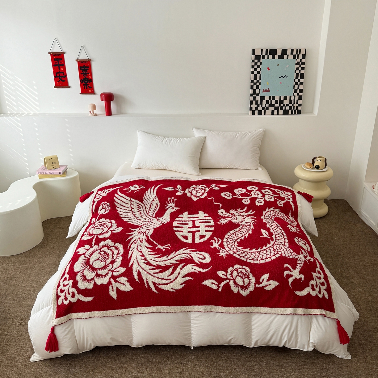 91家纺网 家纺一手货源 找家纺 （总）丹本家纺 2026新款龙凤呈祥A类结婚订婚红双喜半边绒流苏吊坠手工针织毯毛毯毯子