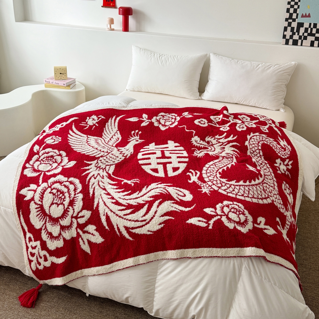91家纺网 家纺一手货源 找家纺 （总）丹本家纺 2026新款龙凤呈祥A类结婚订婚红双喜半边绒流苏吊坠手工针织毯毛毯毯子
