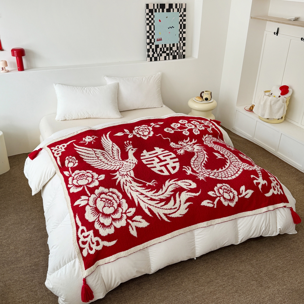 91家纺网 家纺一手货源 找家纺 （总）丹本家纺 2026新款龙凤呈祥A类结婚订婚红双喜半边绒流苏吊坠手工针织毯毛毯毯子