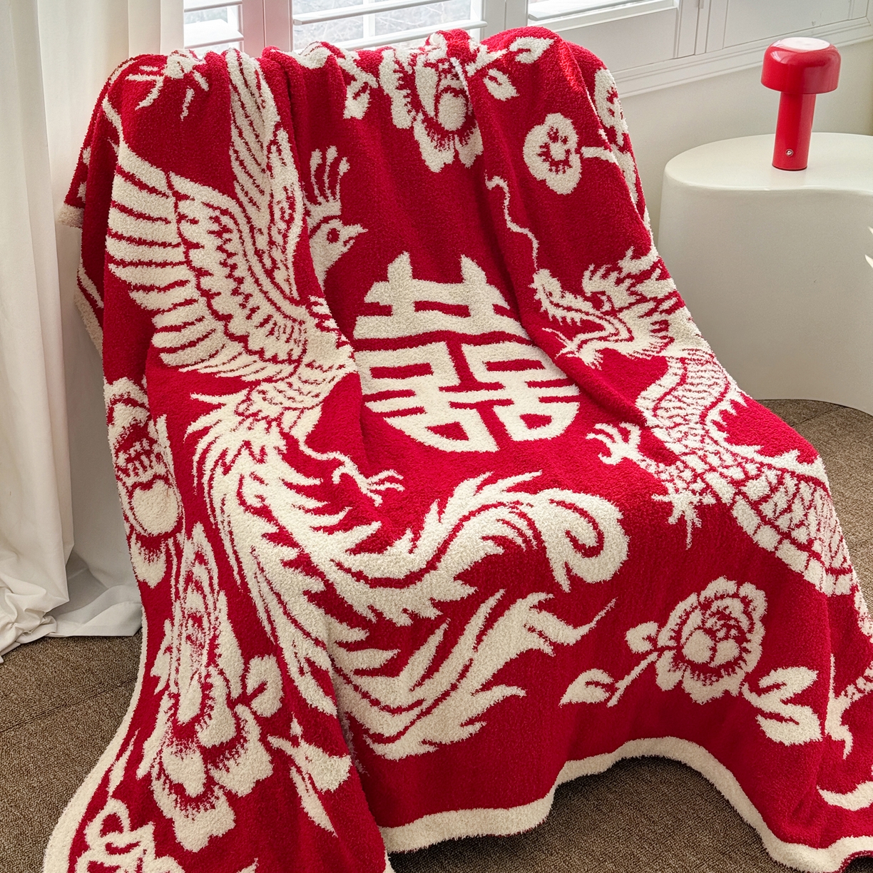 91家纺网 家纺一手货源 找家纺 （总）丹本家纺 2026新款龙凤呈祥A类结婚订婚红双喜半边绒流苏吊坠手工针织毯毛毯毯子