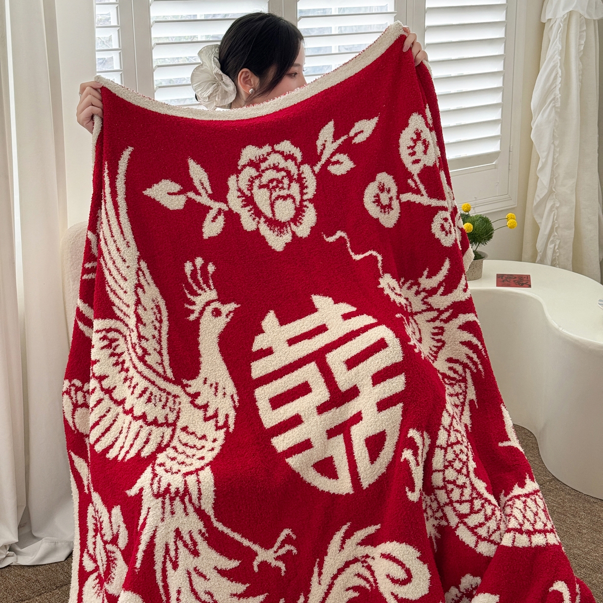 91家纺网 家纺一手货源 找家纺 （总）丹本家纺 2026新款龙凤呈祥A类结婚订婚红双喜半边绒流苏吊坠手工针织毯毛毯毯子