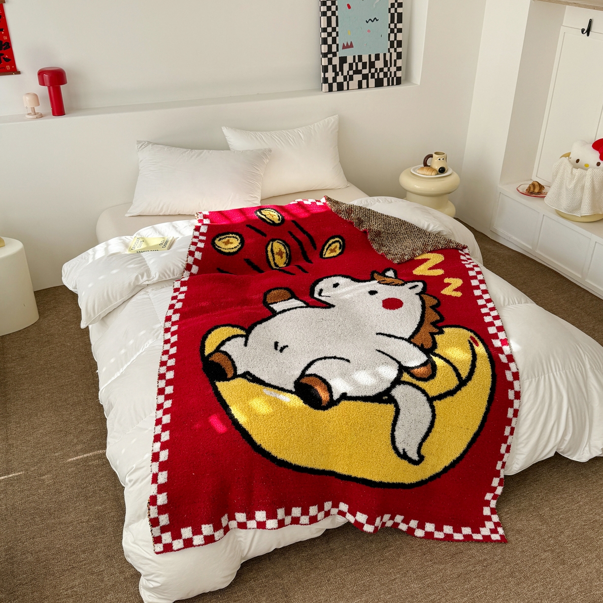 91家纺网 家纺一手货源 找家纺 丹本家纺 2026新款A类软糯半边绒毛毯毯子马年暖心针织毯 元宝马