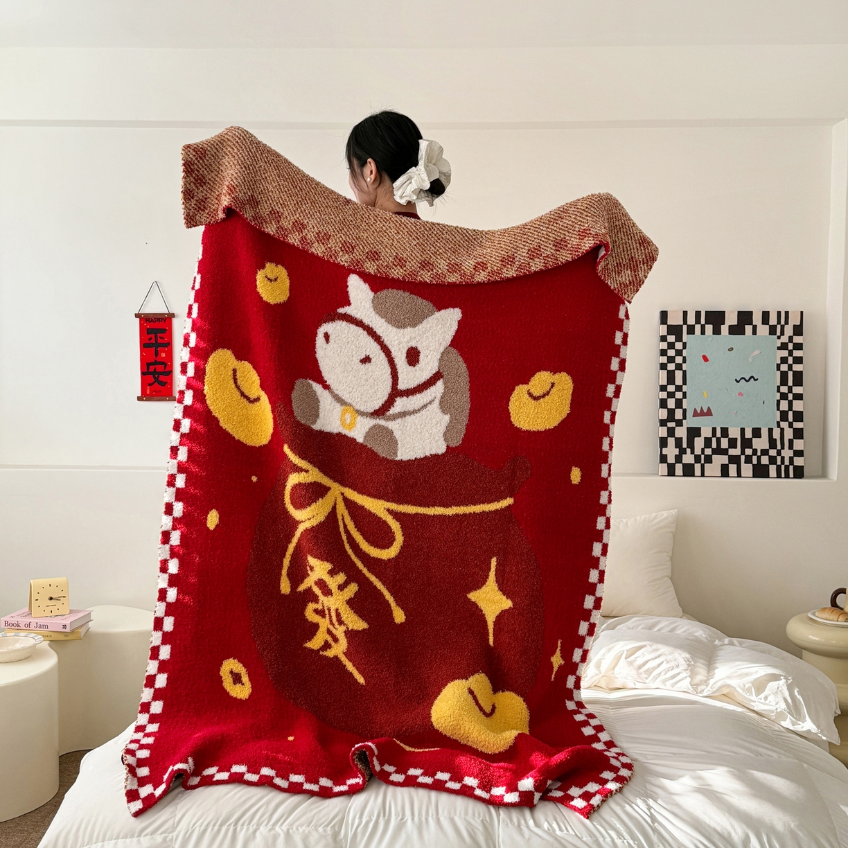 91家纺网 家纺一手货源 找家纺 丹本家纺 2026新款A类软糯半边绒毛毯毯子马年暖心针织毯 发财袋