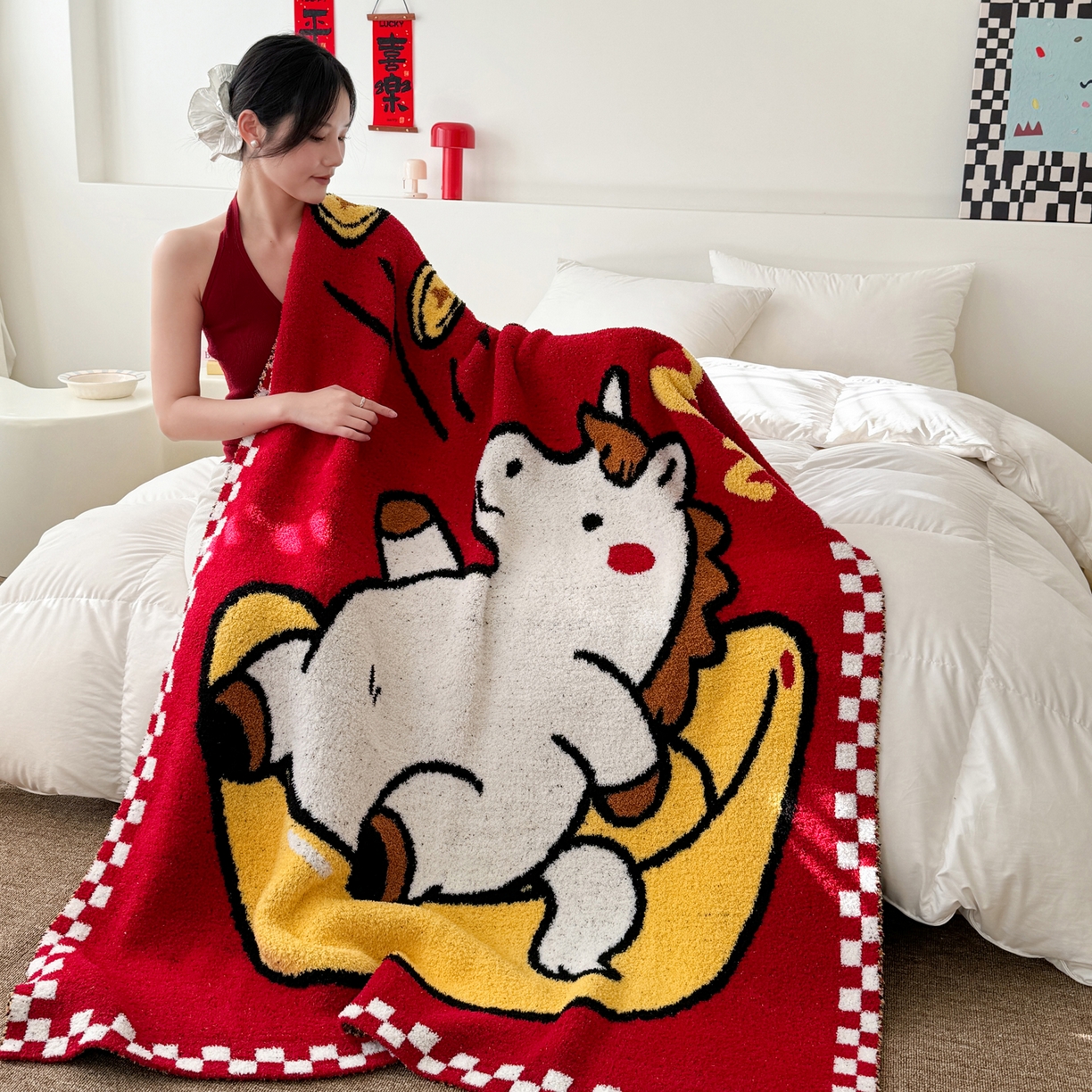 91家纺网 家纺一手货源 找家纺 丹本家纺 2026新款A类软糯半边绒毛毯毯子马年暖心针织毯 元宝马