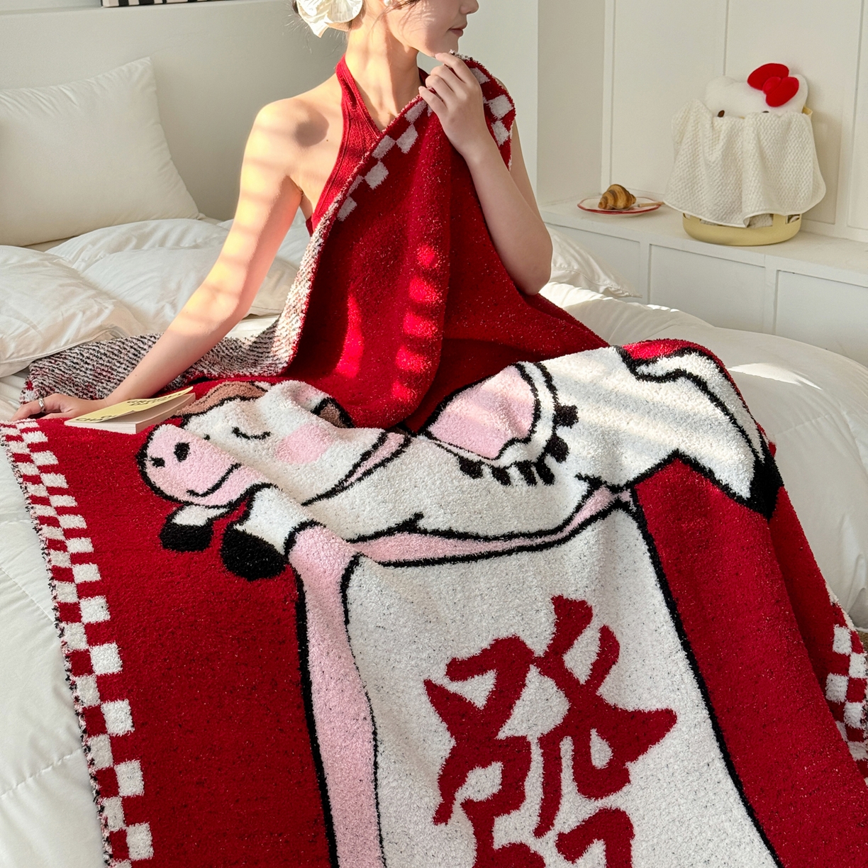 91家纺网 家纺一手货源 找家纺 丹本家纺 2026新款A类软糯半边绒毛毯毯子马年暖心针织毯 麻将马