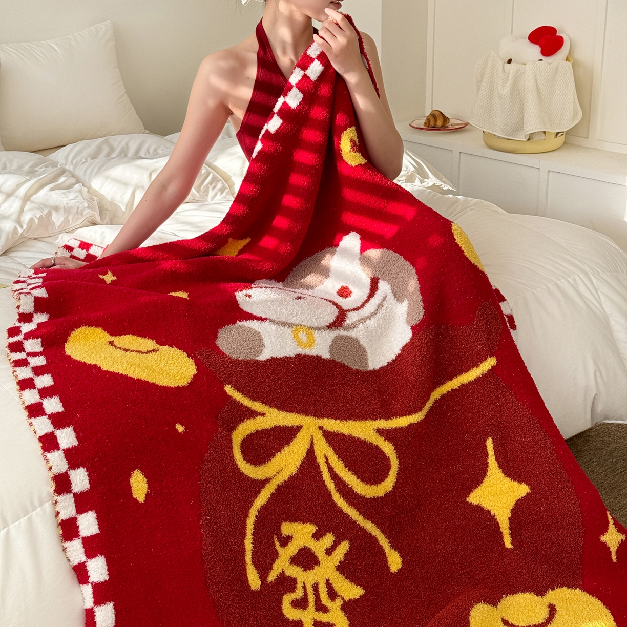 91家纺网 家纺一手货源 找家纺 丹本家纺 2026新款A类软糯半边绒毛毯毯子马年暖心针织毯 发财袋